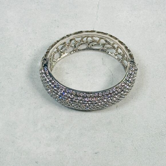 Womens Bracelet Bangle Pave Rhinestone Cut Ott Hearts Silver Tone 25mm Wide - Picture 5 of 12